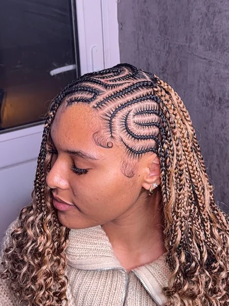 Honey Blonde Swirl Braids with Curls
