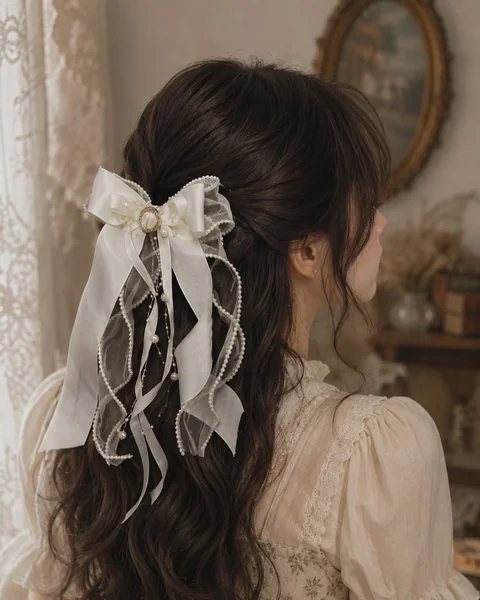 Ivory Ribbon Bow with Pearl Streamers
