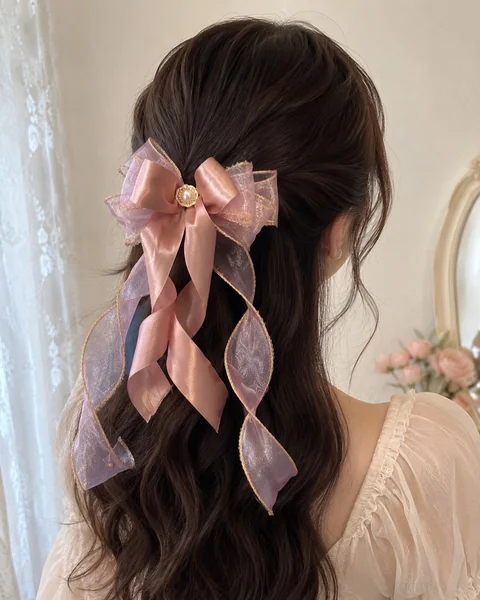 Half-Up Style with Layered Pink Ribbon Bow