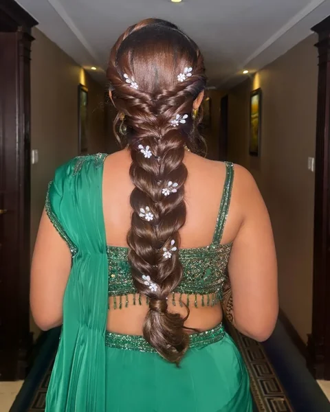 Fishtail Braid with Floral Pins for Saree