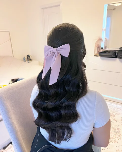 Half-Up Hairstyle with Lavender Ribbon Bow