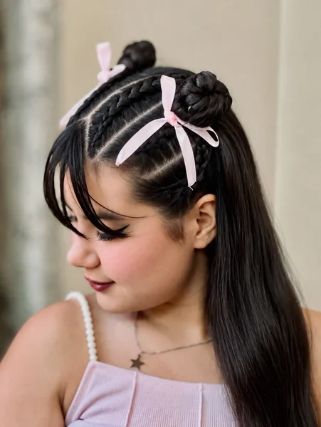 Braided Space Buns with Pink Ribbons