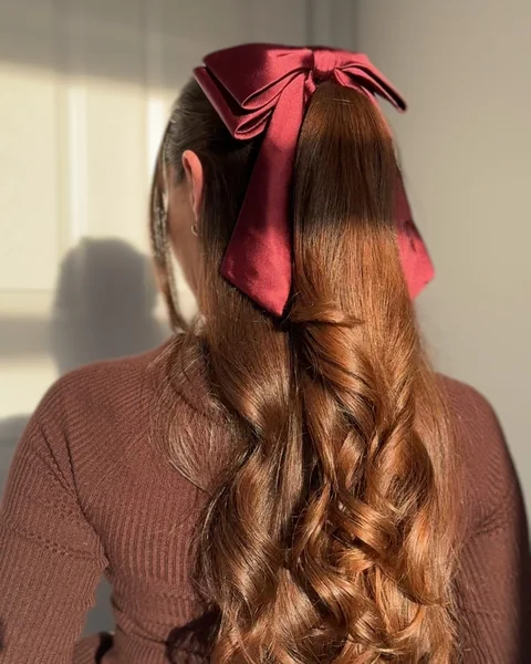 Ponytail with Burgundy Ribbon Bow