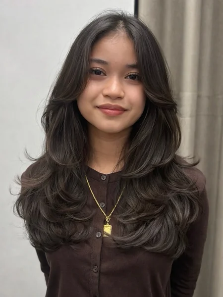 Oval Long Layered Haircut with Golden Necklace Detail