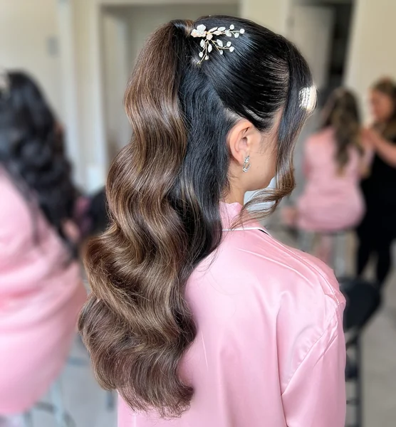 High Ponytail with Floral Hairpin