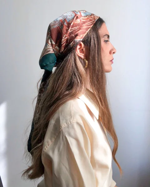 Vintage Print Headscarf on Long Hair