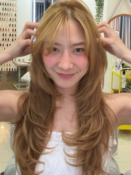 Japanese Long Layered Hairstyle in Golden Brown