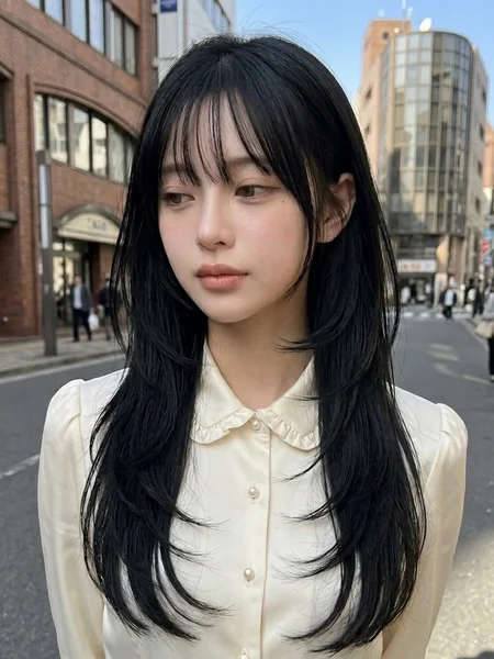 Japanese Long Layered Hairstyle with Bangs