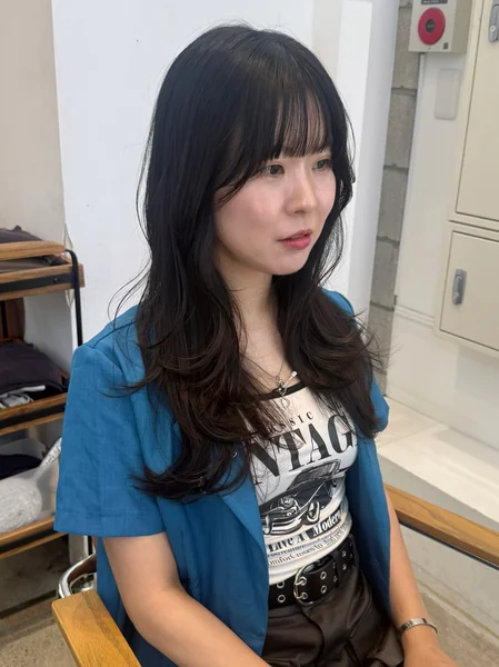 Japanese Long Layered Hairstyle with Blunt Bangs
