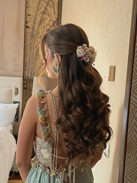Half-Up Waves with Floral Hairpiece for Reception