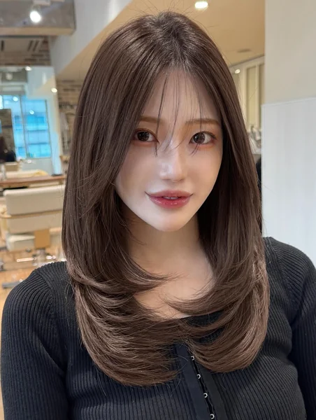 Japanese Long Layered Hairstyle with Curtain Bangs