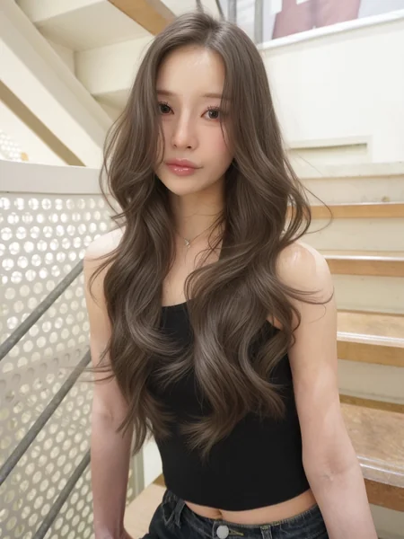 Japanese Long Wavy Hairstyle with Curtain Bangs