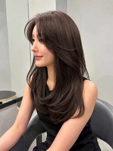 Japanese Long Layered Hairstyle with Face-Framing Bangs