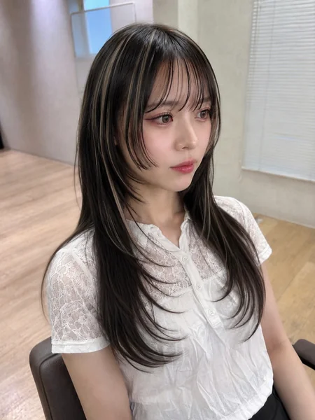 Japanese Long Hairstyle with Bangs and Money-Piece Highlights