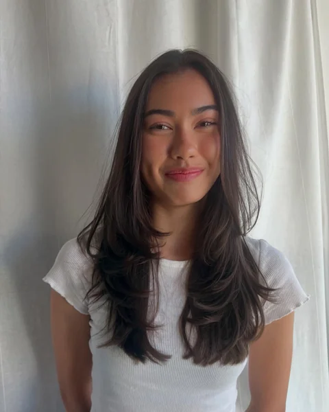 Oval Layered Haircut with Curtain Bangs