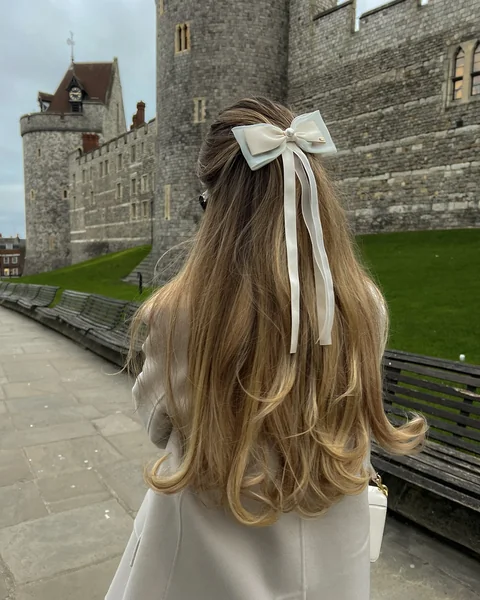 Half-Up Style with White Pearl Ribbon Bow