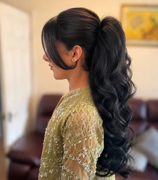 High Curled Ponytail with Side Bang