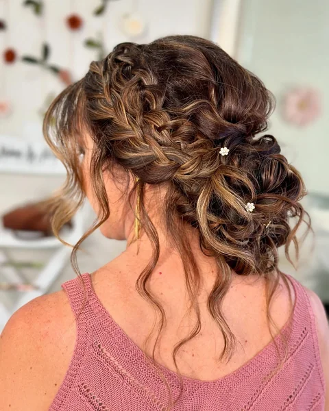 Boho Braided Low Updo with Flower Pins