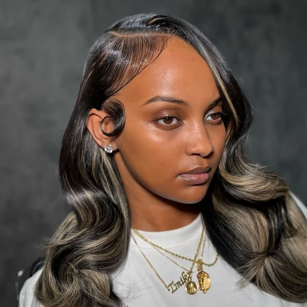 Black Wig with Blonde Highlights and Finger Wave Edges