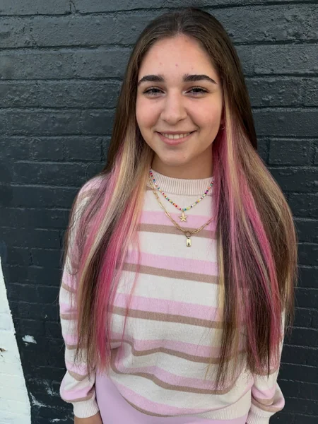 Long Straight Hair with Pink Streaks