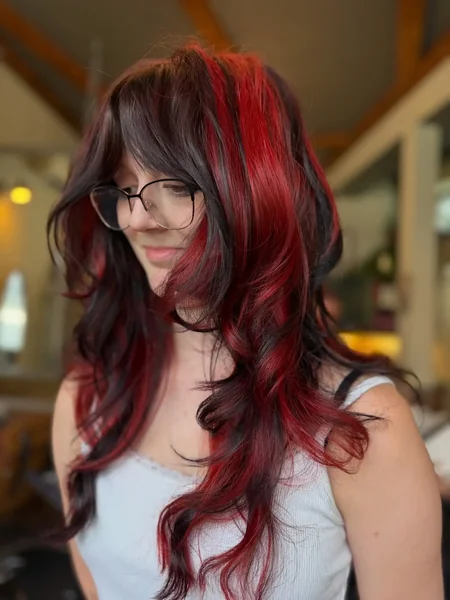 Black Hair with Red Chunky Highlights