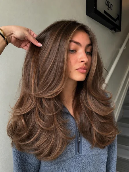 Long Layered Brunette with Caramel Balayage