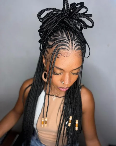 Fulani Braids With Looped Top Bun And Beads