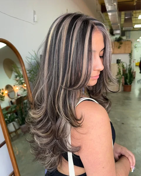 Ash Blonde Streaks on Black Layers