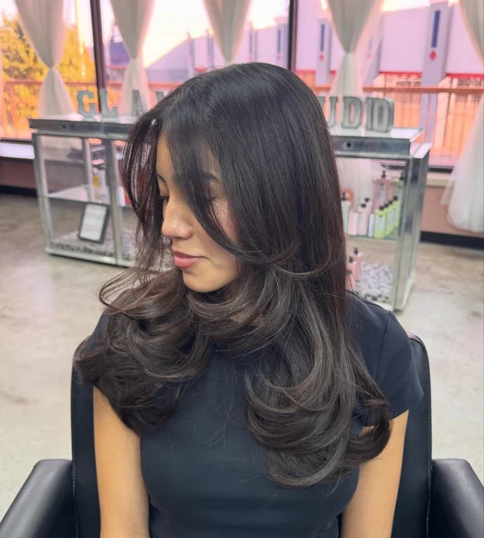 Butterfly Layers with Curtain Bangs, Dark Hair