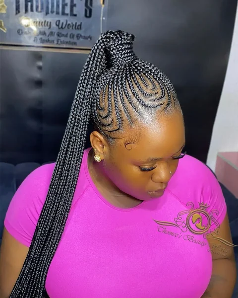 High Braided Ponytail With Curved Cornrows