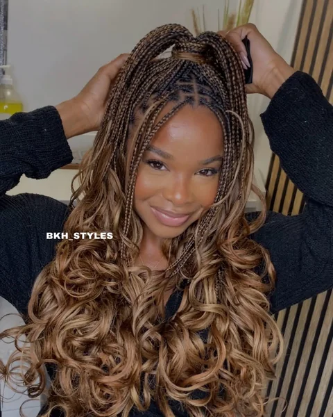 Honey Blonde Knotless Braids with French Curls