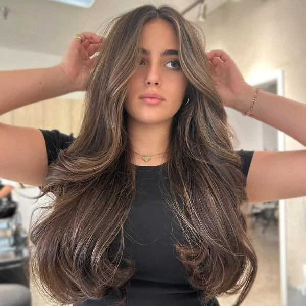 Long Brunette Layers with Golden Highlights