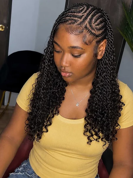 Curved Cornrows With Curly Boho Braids