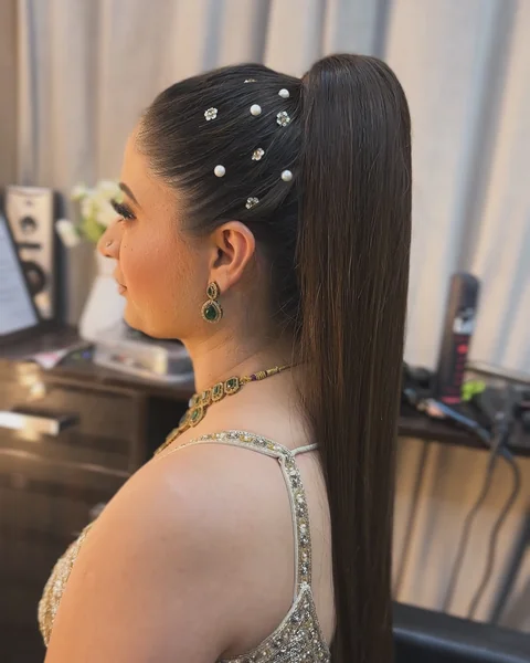 Sleek High Ponytail with Pearl Pins