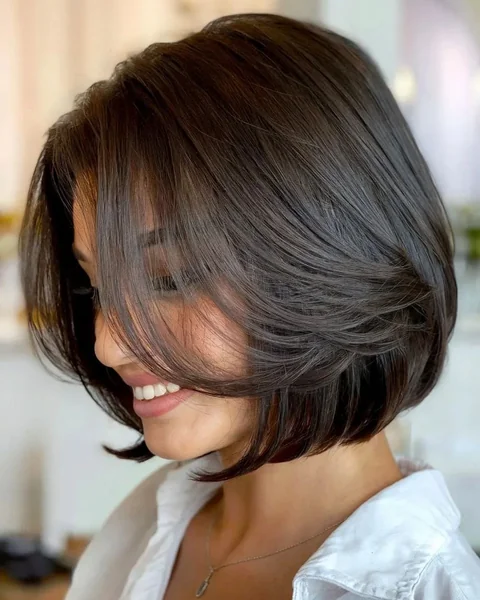 Glossy Layered Bob With Side Bangs