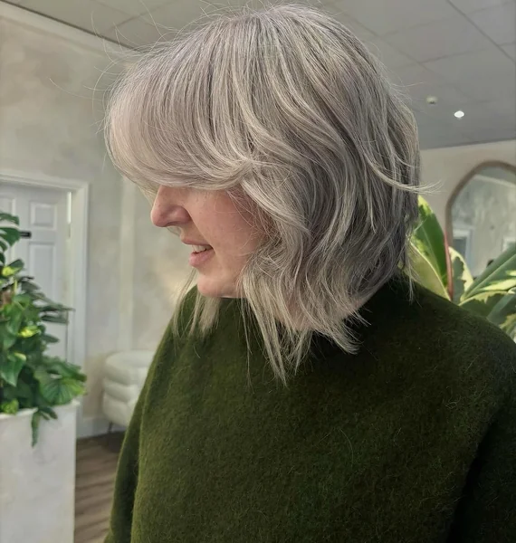 Shaggy Silver Bob with Curtain Bangs
