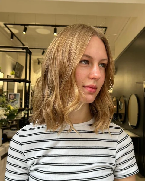 Golden Blonde Wavy Long Bob
