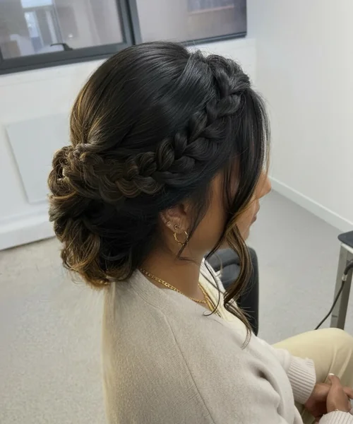 Brunette Dutch Braid Low Bun