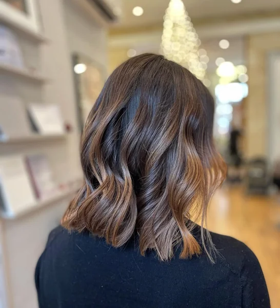 Thick Wavy Brunette Lob with Copper Ends