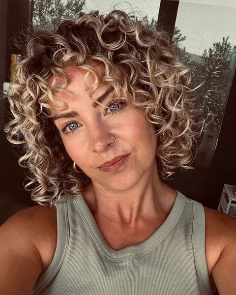Blonde Curly Bob with Bangs