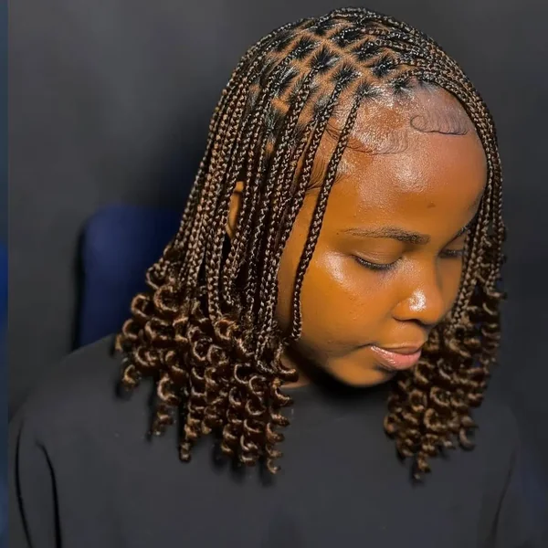 Brown Knotless Bob With Curly Ends