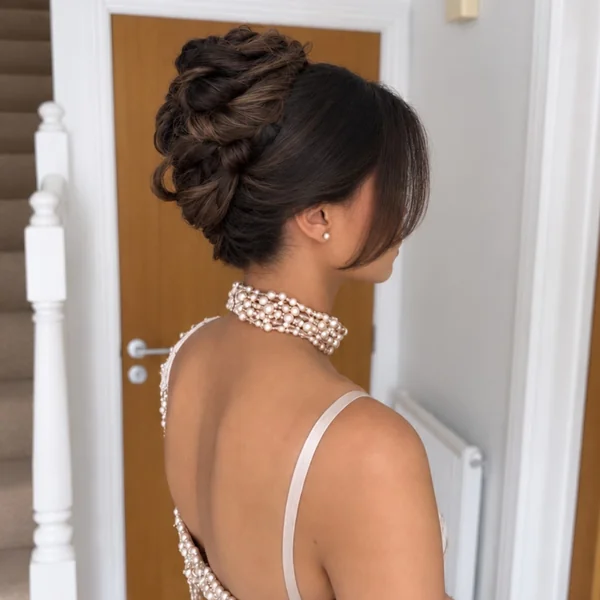 Textured High Updo with Bangs