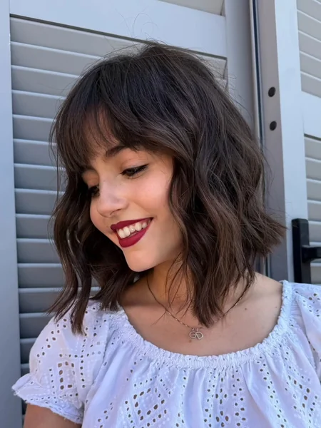 Wavy Lob with Fringe in Dark Brown