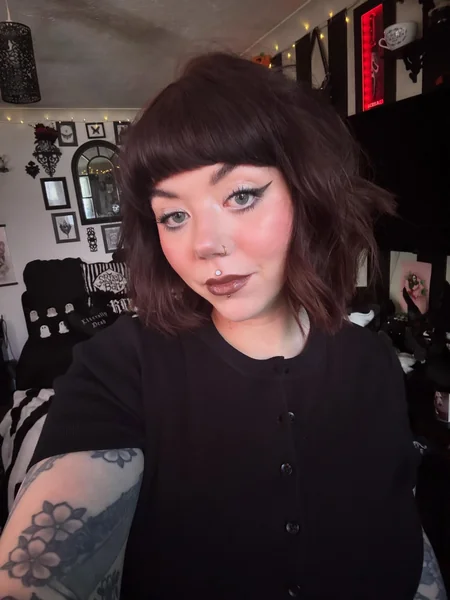 Burgundy Wavy Bob with Blunt Bangs