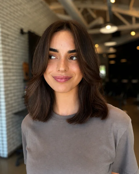 Brunette Lob with Curtain Bangs