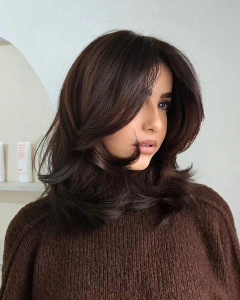 Layered Medium Brunette with Curtain Bangs