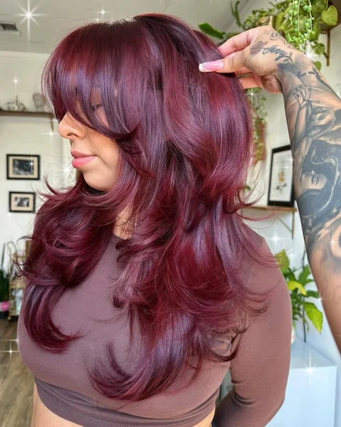 Burgundy Butterfly Layers with Bangs