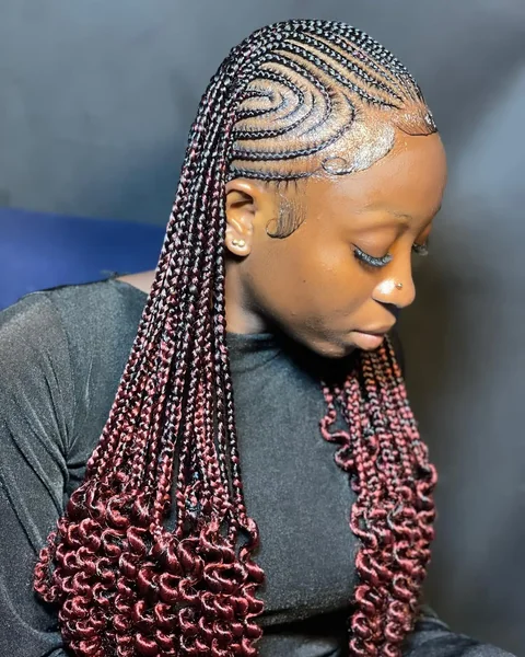 Burgundy Fulani Braids With Curls