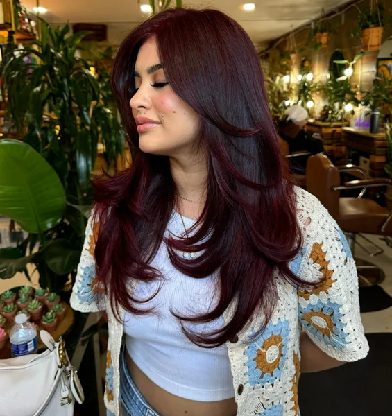 Burgundy Butterfly Cut with Bangs