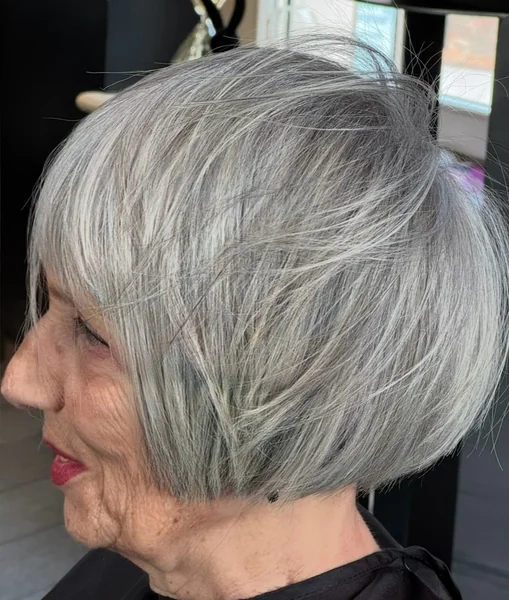 Feathered Silver Bob with Bangs